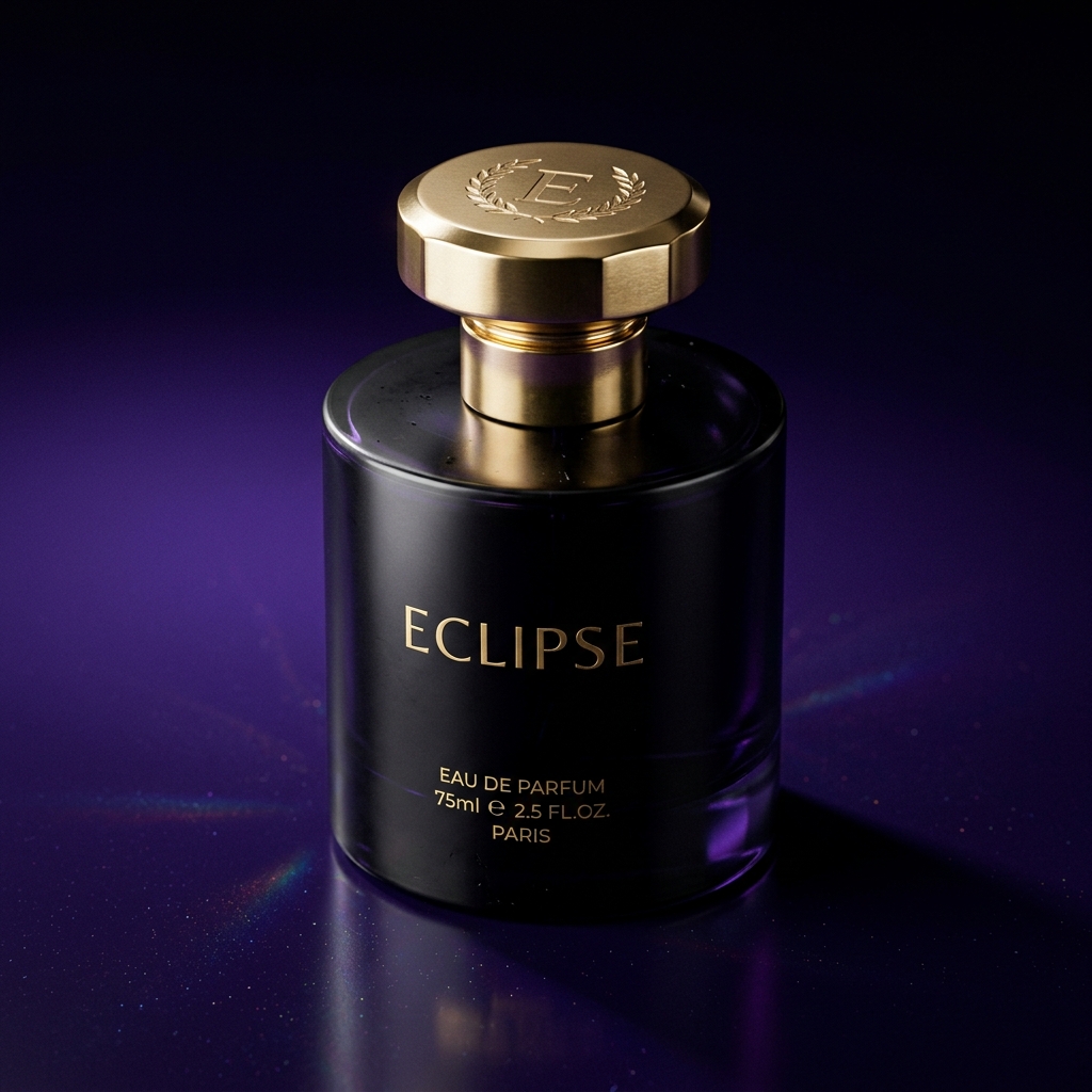 AETHER perfume bottle — black cylindrical glass with gold cap
