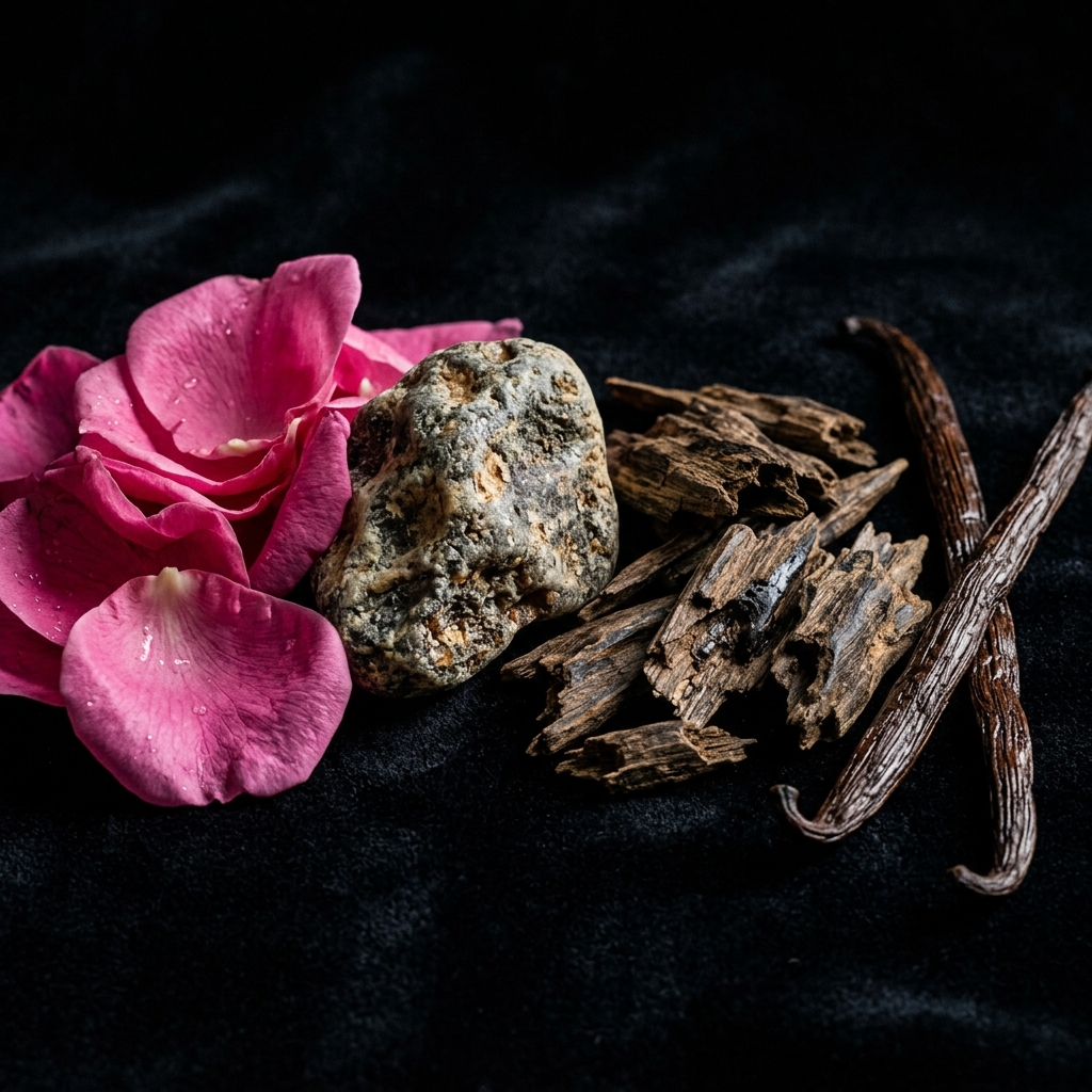 AETHER fragrance ingredients: Bulgarian rose, oud wood, ambergris, vanilla